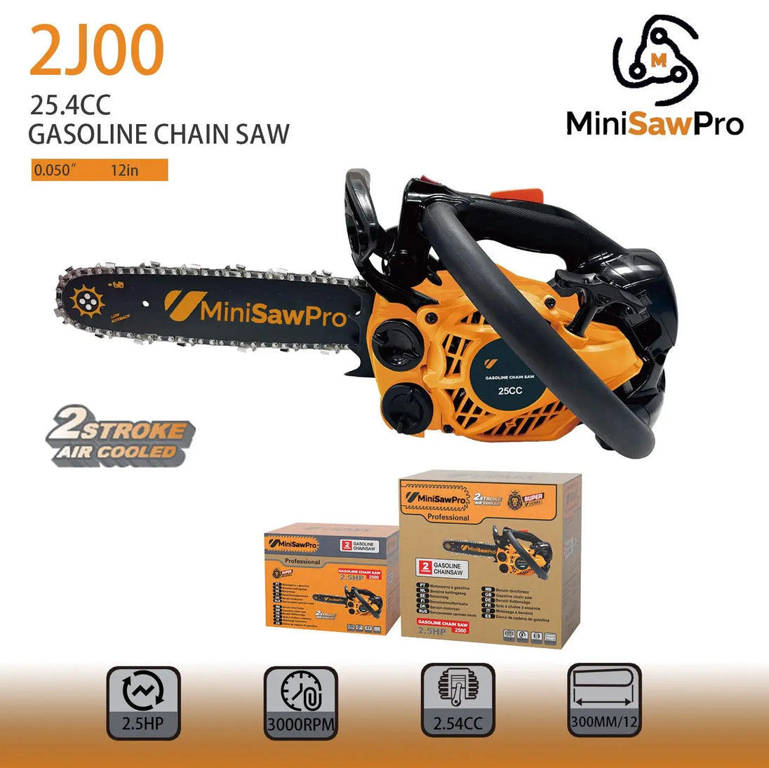 2J00 gas chainsaw side view – 25.4cc compact petrol saw lightweight design for home backyard use-minisawpro