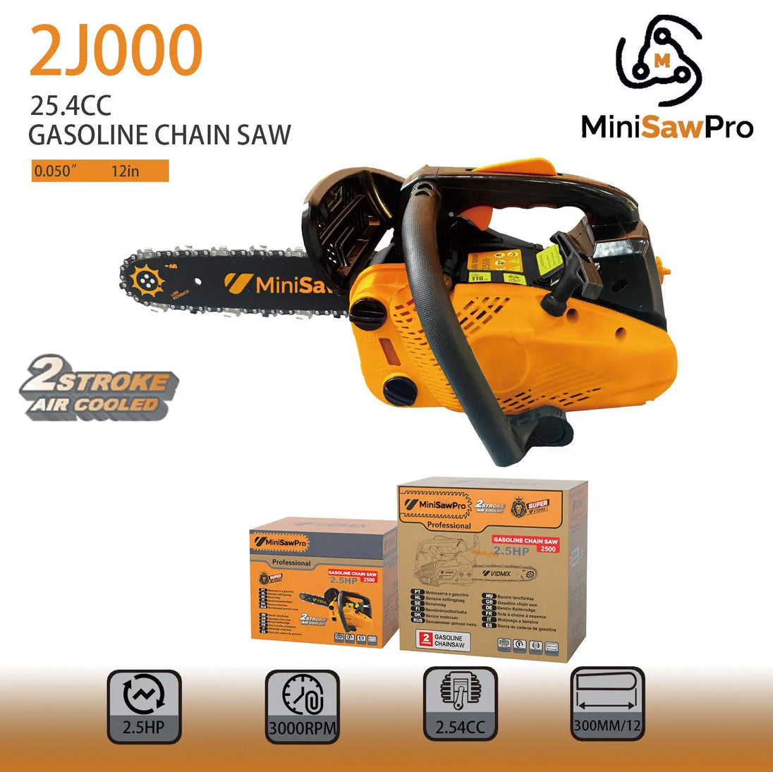 2J000 gas chainsaw side view – 25.4cc strong cutting petrol saw compact design for home and backyard-minisawpro