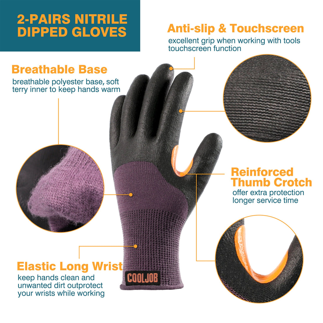 COOLJOB Winter Work Gloves with Anti-slip Grip, Touchscreen Microfoam Nitrile Dipped COOLJOB