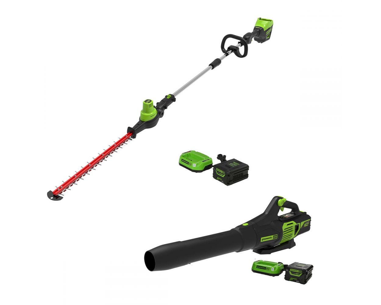 60V 20" Cordless Battery Pole Hedge Trimmer & 610 CFM Leaf Blower Combo Kit w/ 2.0Ah & 2.5Ah Battery & (2) Chargers greenworkstools