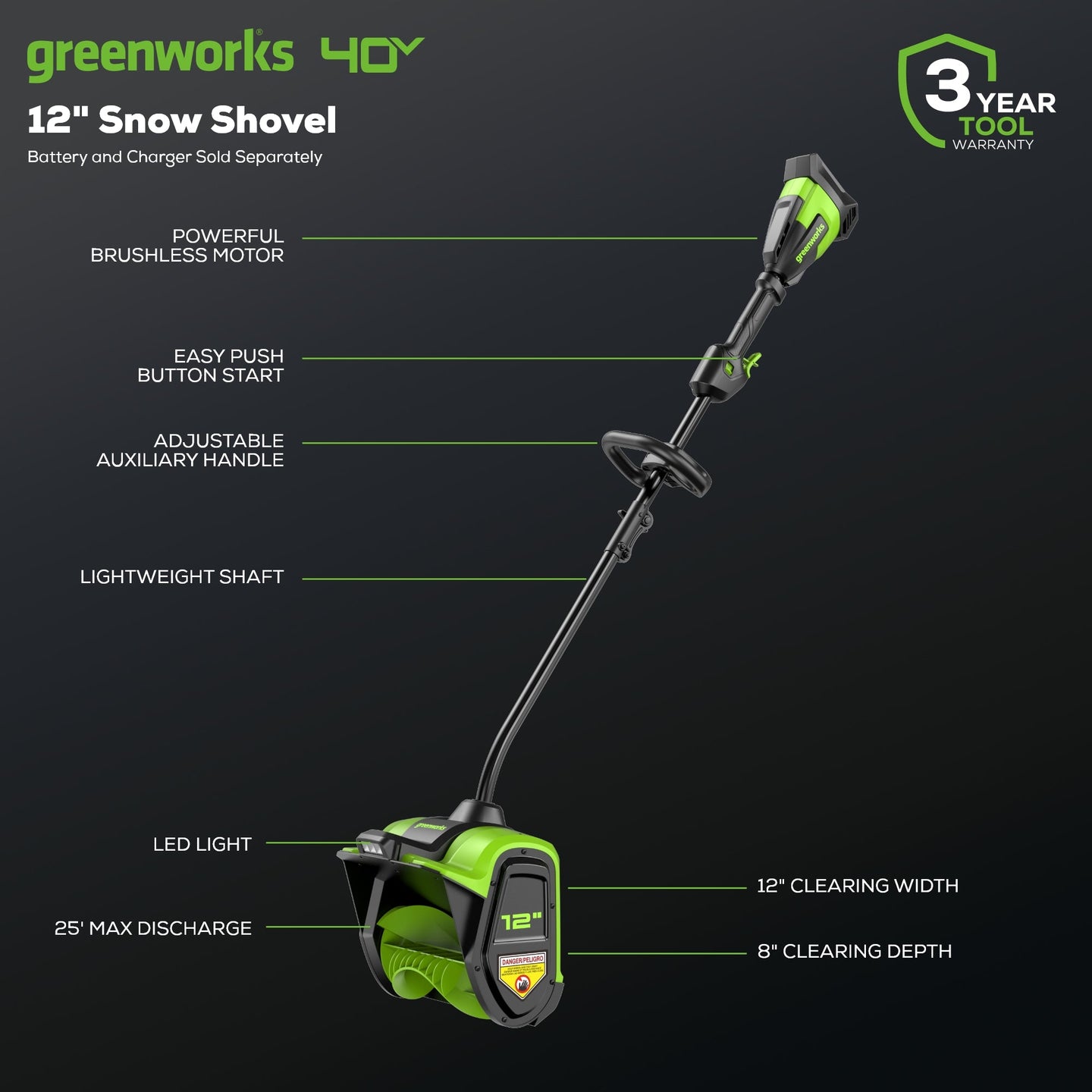 40V 12" Cordless Brushless Snow Shovel with Light (Tool Only) greenworkstools