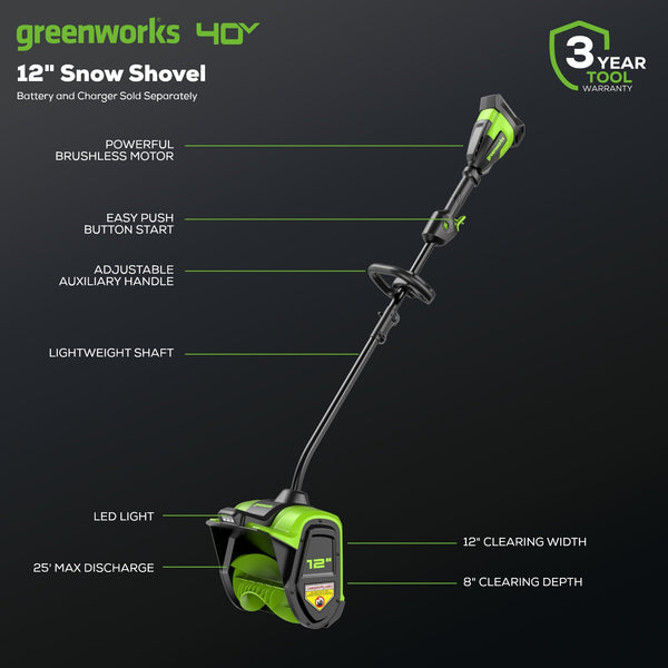 40V 12" Cordless Brushless Snow Shovel with Light (Tool Only) greenworkstools