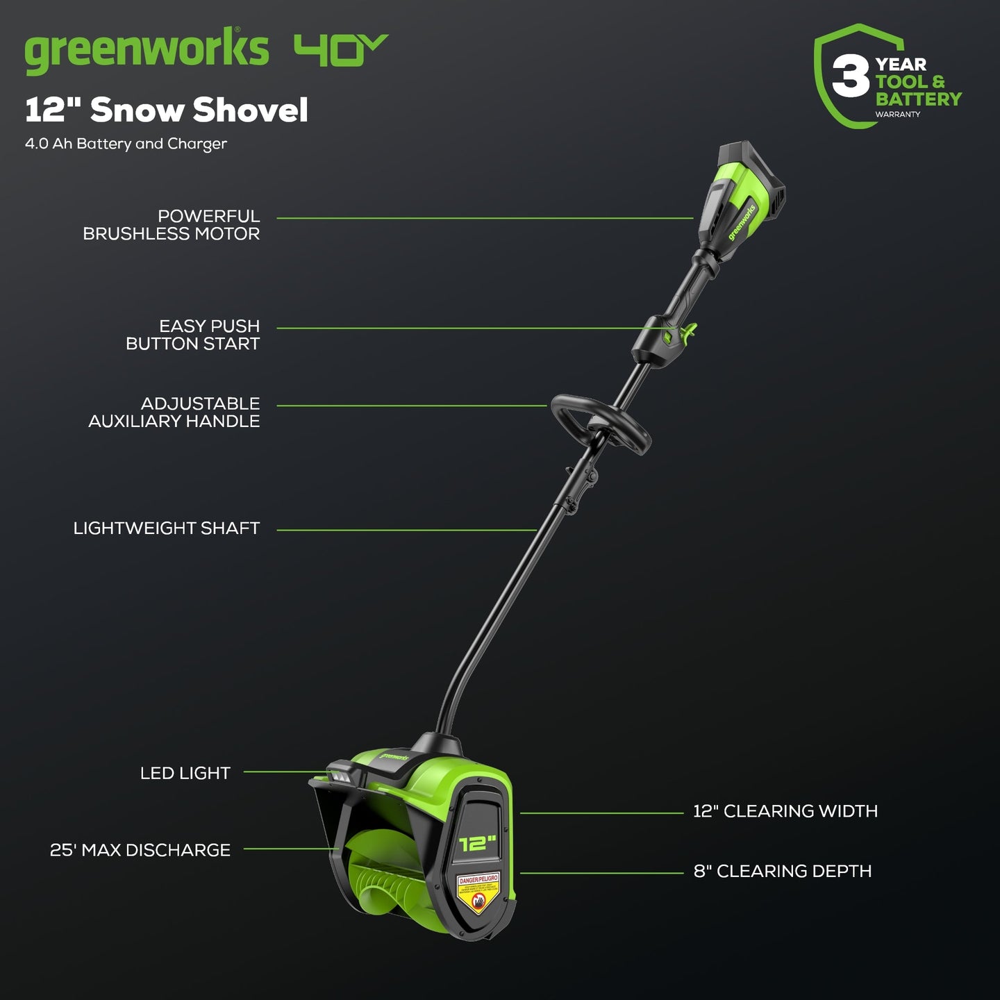 40V 12" Cordless Battery LED Snow Shovel: 4.0 Ah Battery and Charger greenworkstools