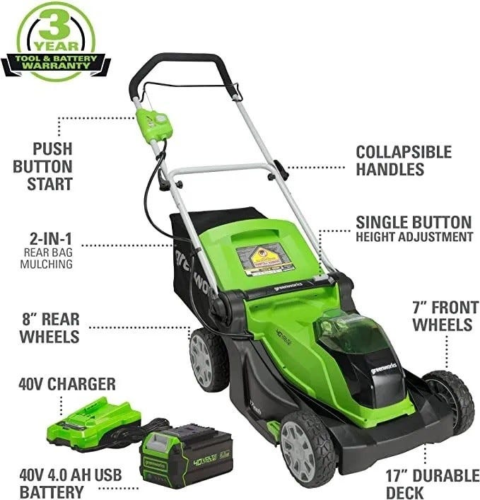 40V 17" Push Mower, 13" String Trimmer & 390 CFM Blower Combo Kit w/ 4.0Ah Battery & Charger greenworkstools
