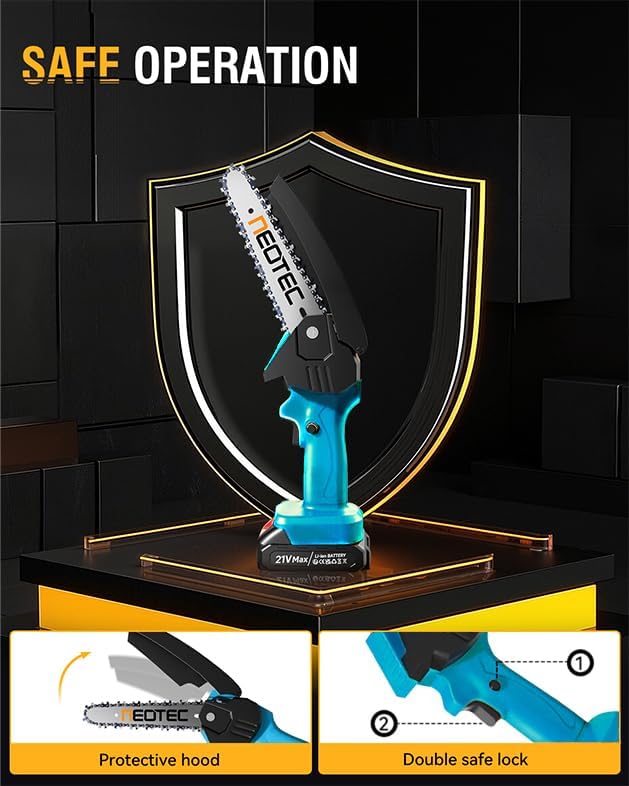 Mini Chainsaw Cordless 6-inch, NEOTEC Handheld Electric Chainsaw 4000mAh Battery Powered with Dual Security Lock, Mini Chain Saw for Tree Trimming Wood Cutting (2 Batteries+3 Chains+2 Bars) NEOTEC
