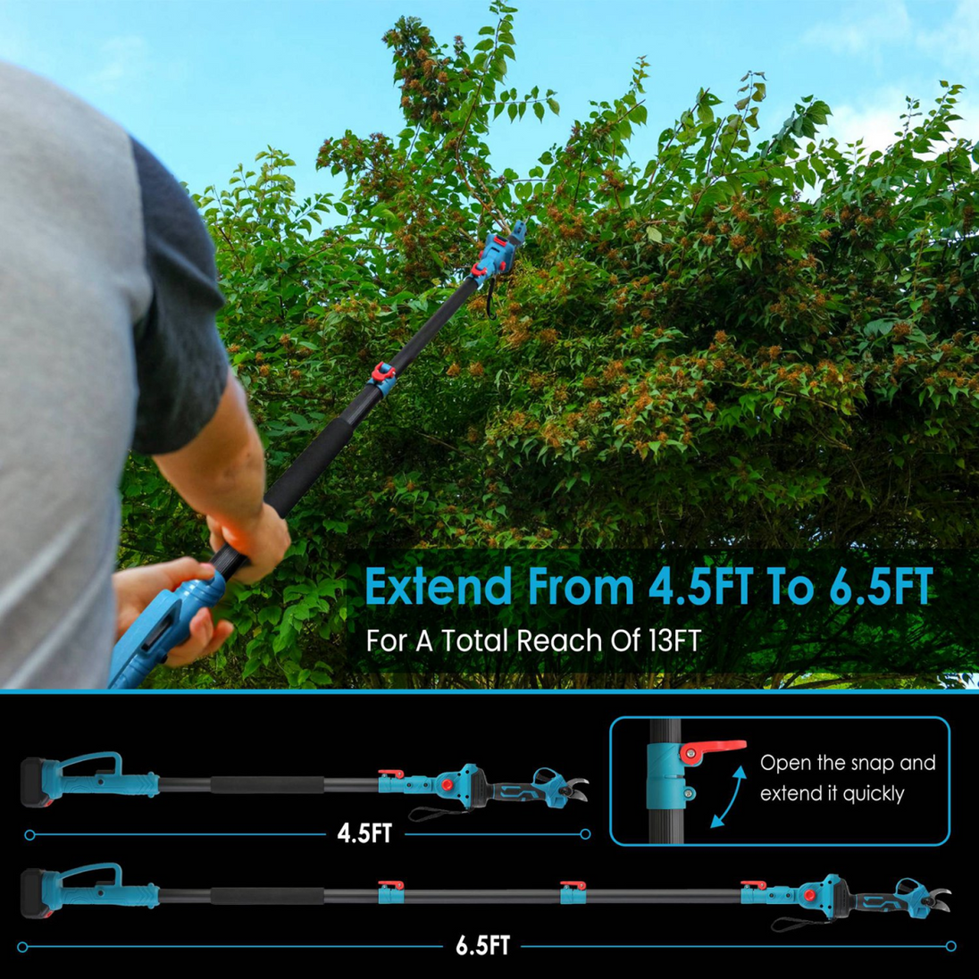 2-in-1 Electric Pruning Shear with Pole - 850W Brushless Motor, 200min Run Time, 4.5-6.3ft Extension for Perfect for Hedges, Trees, and Gardens N/A