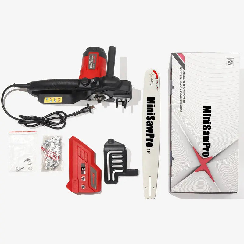 MiniSawPro S581E corded electric chainsaw detail view – 58V brushless motor 18-inch bar for heavy-duty tree cutting