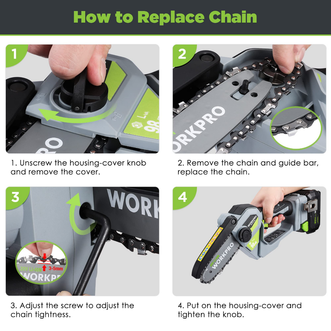 WORKPRO 20V Brushless Cordless Compact Chainsaw with 4.0Ah Battery and Replacement Chain WORKPRO
