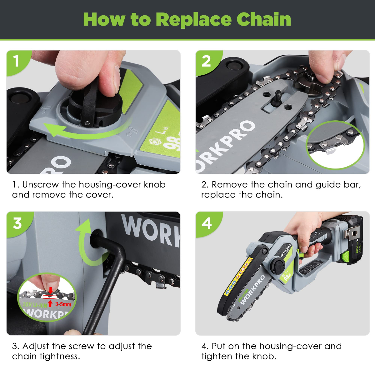 WORKPRO 20V Brushless Cordless Compact Chainsaw with 4.0Ah Battery and Replacement Chain WORKPRO