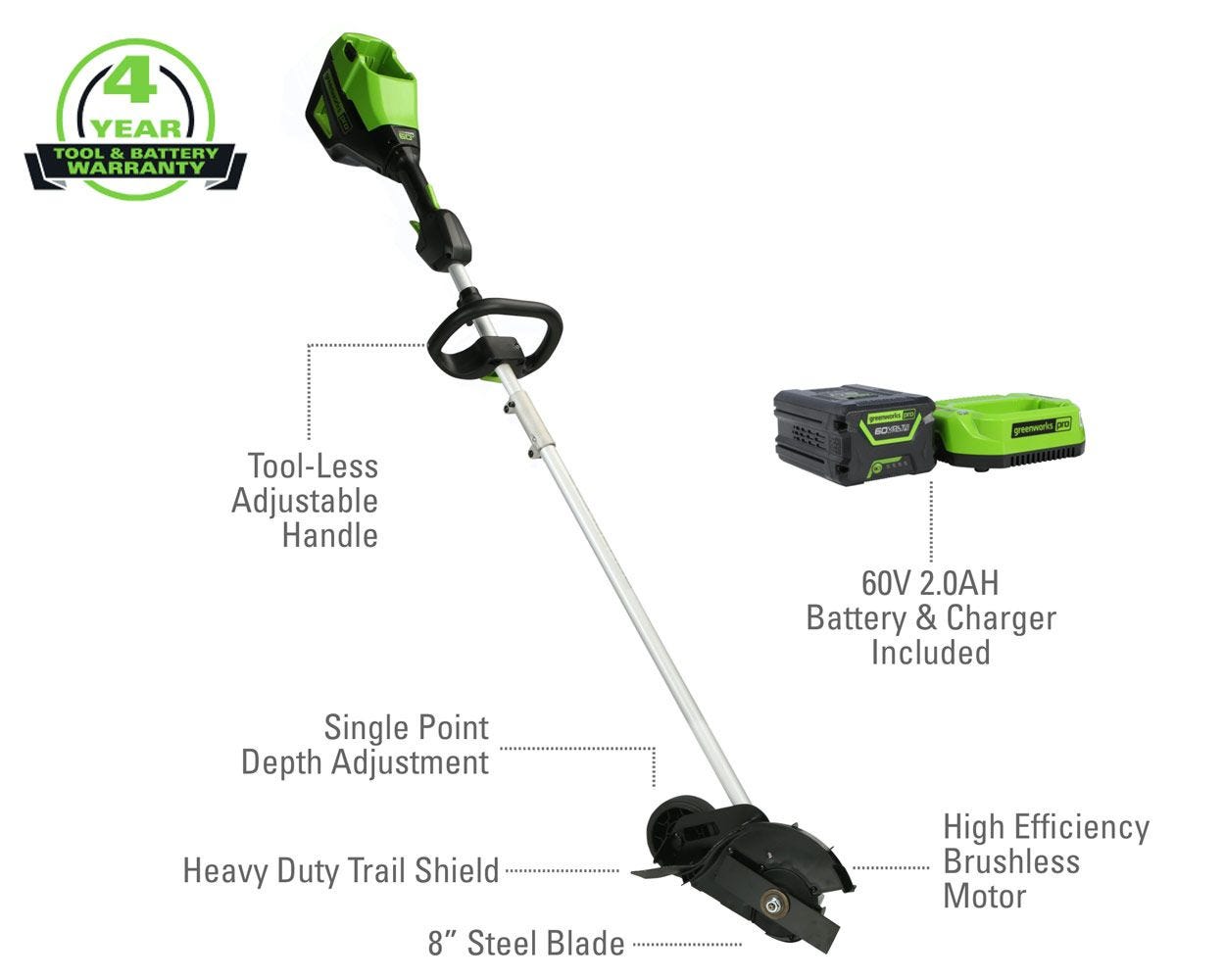 60V 16" String Trimmer and 8" Edger Combo Kit: 2.0 Ah Battery and Charger greenworkstools
