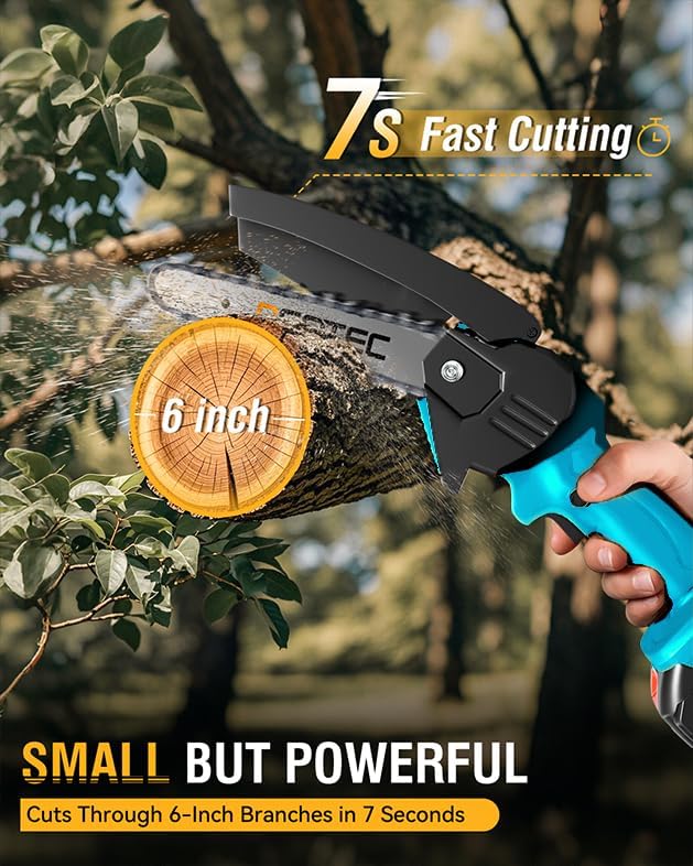 Mini Chainsaw Cordless 6-inch, NEOTEC Handheld Electric Chainsaw 4000mAh Battery Powered with Dual Security Lock, Mini Chain Saw for Tree Trimming Wood Cutting (2 Batteries+3 Chains+2 Bars) NEOTEC