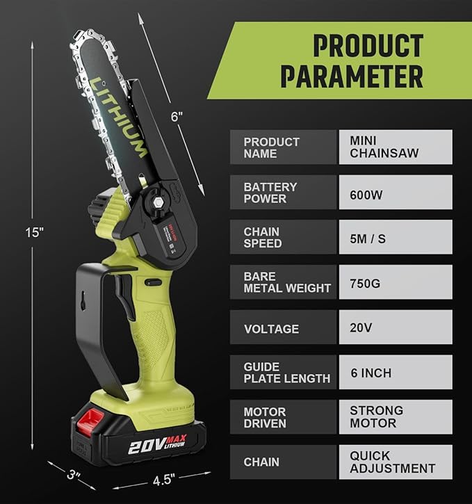 Mini Chainsaw Crodless, 6-Inch Small Chainsaw Electric Chain Saws with 2 Batteries Powered, Super Handheld Protable Saws For Tree Cutting, Tree Branches, Courtyard and Garden Tool WEMARS