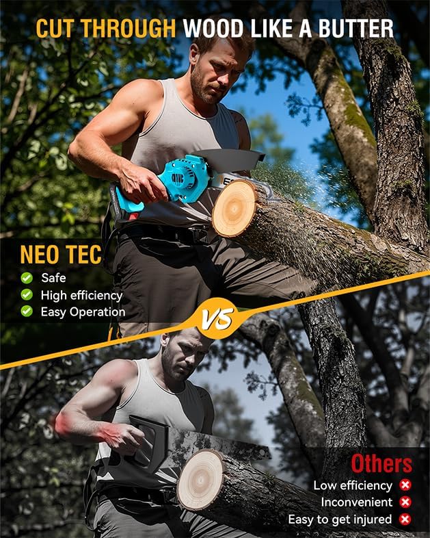 Mini Chainsaw Cordless 6-inch, NEOTEC Handheld Electric Chainsaw 4000mAh Battery Powered with Dual Security Lock, Mini Chain Saw for Tree Trimming Wood Cutting (2 Batteries+3 Chains+2 Bars) NEOTEC