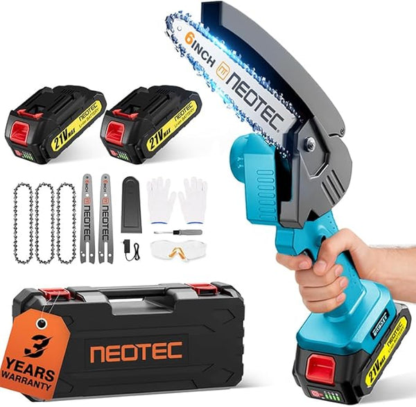 Mini Chainsaw Cordless 6-inch, NEOTEC Handheld Electric Chainsaw 4000mAh Battery Powered with Dual Security Lock, Mini Chain Saw for Tree Trimming Wood Cutting (2 Batteries+3 Chains+2 Bars) NEOTEC