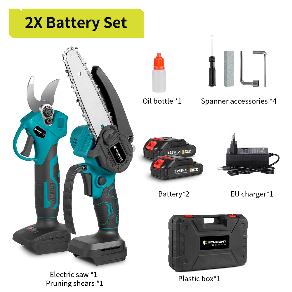 NewBeny Cordless 6" Chainsaw & 25mm Pruning Shears Combo Kit With 2 Batteries and Charger NEWBENY