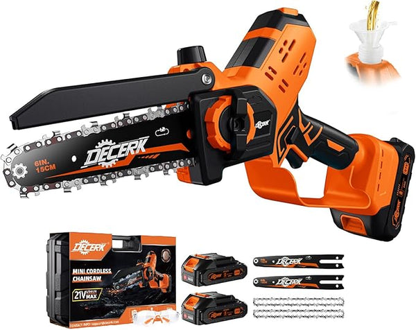 Mini Chainsaw Cordless - DECERK Brushless 6 Inch Electric Chain Saw, Portable Left Handheld Chainsaw Battery Powered for Tree, Branch, Wood, Best Gift Saw Tools for Household & Garden, Men Dad Husband DECERKPROTOOL