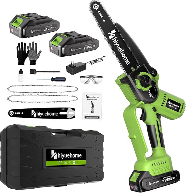 Mini Chainsaw 8inch, Chainsaw Cordless w Automatic Oiler, Handheld Electric Power Chain Saw w Security Lock, Brushless Motor,Chainsaws for Wood/Trees Trimming (Green - 2 batteries, 8 INCH) Yourfpv.net