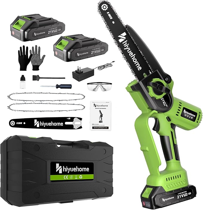 Mini Chainsaw 8inch, Chainsaw Cordless w Automatic Oiler, Handheld Electric Power Chain Saw w Security Lock, Brushless Motor,Chainsaws for Wood/Trees Trimming (Green - 2 batteries, 8 INCH) Yourfpv.net