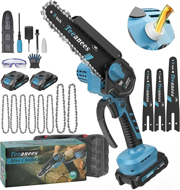 Mini Chainsaw Cordless, 8 Inch & 6 Inch Portable Electric Chain Saw with 2 Battery 8 Chains, Auto Oiler, Battery Powered Small Handheld Saw for Wood Cutting, Tree Trimming, Garden(Blue) Yourfpv.net