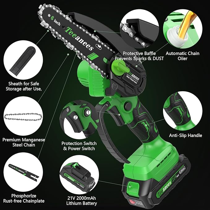 Mini Chainsaw Cordless 6 Inch, Electric Chainsaw Battery Powered with Auto Oiler, Security Lock for Wood Cutting, Tree Trimming, Garden & Household Use(2 Batteries) Yourfpv.net