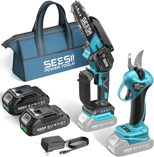 SEESII Mini Chainsaw & Electric Pruning Shears Combo, 6-inch Brushless Handheld Power Chain Saw, 1.2??Cutting Cordless Pruner for Tree Trimming, Tools Kit with 2x2000mAh Batteries, Fast Charger Seesii