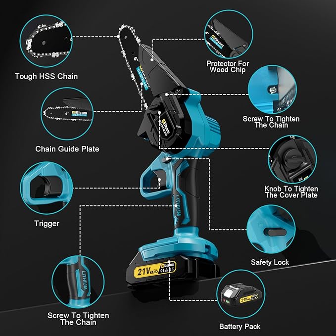 Mini Chainsaw Cordless 6 Inch, Brushless Motor Electric Saw - 2x2Ah Batteries, 2025 Upgraded, Safety Lock, Portable Handheld for Tree Trimming, Wood Cutting, Camping/DIY, Gift for Dad Husband Yourfpv.net