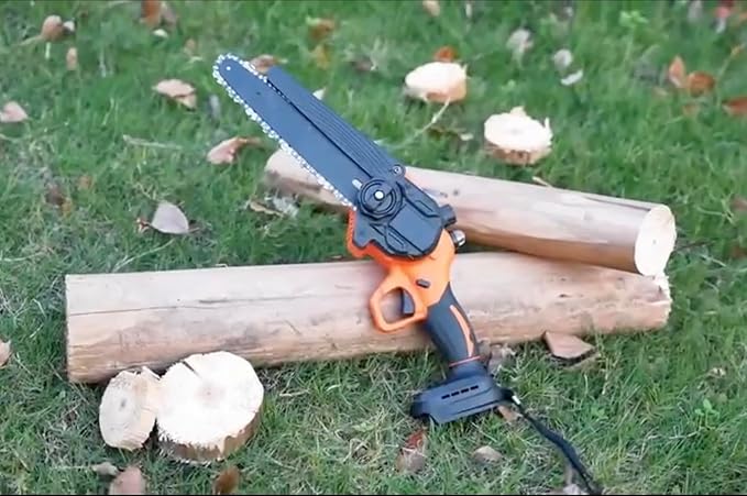 Upscale 8-Inch Cordless Mini Chainsaw – Brushless Motor, Lightweight 4 lbs, Safety Lock, 21V Power (Battery Not Included, Assembly Required) Upscale+Trail