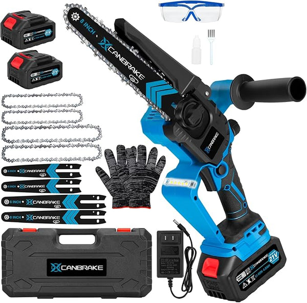 Cordless Mini Chainsaw, 8 inch & 6 inch Portable Handheld Chain Saw with 2 X 4.0Ah Battery, 4 Chains 4 Guide Plates, LED Indicate, Brushless Electric Chainsaw Using for Tree Trimming, Garden Pruning CANBRAKEfocusesonincreasingefficiencyforbeginnershomeimprovementandrepairanduserswholovepowertools