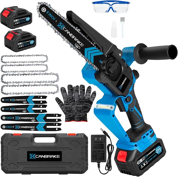 Cordless Mini Chainsaw, 8 inch & 6 inch Portable Handheld Chain Saw with 2 X 4.0Ah Battery, 4 Chains 4 Guide Plates, LED Indicate, Brushless Electric Chainsaw Using for Tree Trimming, Garden Pruning CANBRAKEfocusesonincreasingefficiencyforbeginnershomeimprovementandrepairanduserswholovepowertools