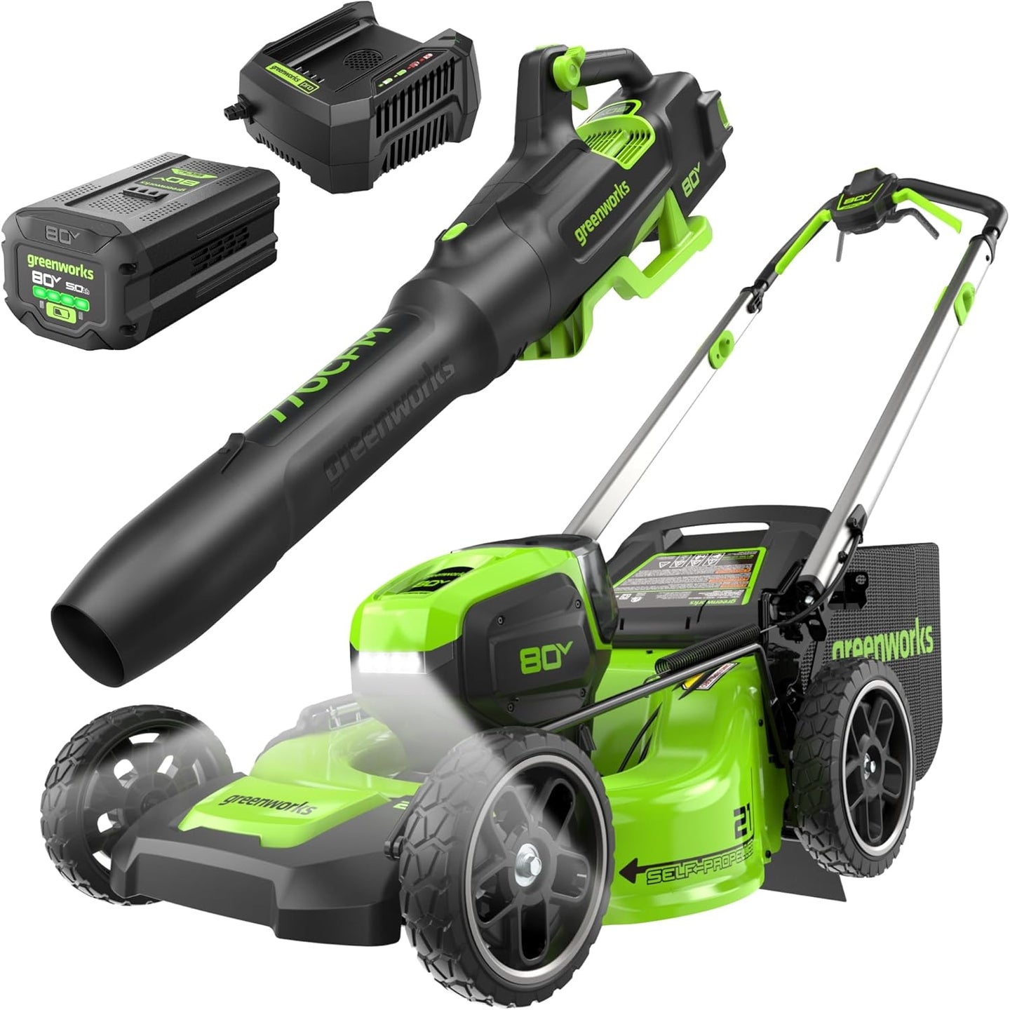 80V 21" Cordless Battery 4-in-1 Self-Propelled Lawn Mower and 700CFM Blower Combo Kit: 5.0 Ah Battery and 6A Charger greenworkstools