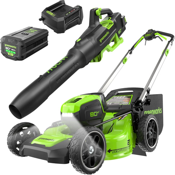 80V 21" Cordless Battery 4-in-1 Self-Propelled Lawn Mower and 700CFM Blower Combo Kit: 5.0 Ah Battery and 6A Charger greenworkstools