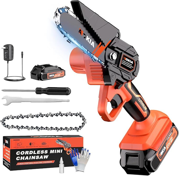 Mini Chainsaw, 4 inch Mini Chainsaw Cordless, Small Hand held Electric Power Chain Saw Battery Powered Operated, Household and Garden for Tree Trimming Wood Cutting, Gifts for Father Husband Men AOKIALLC