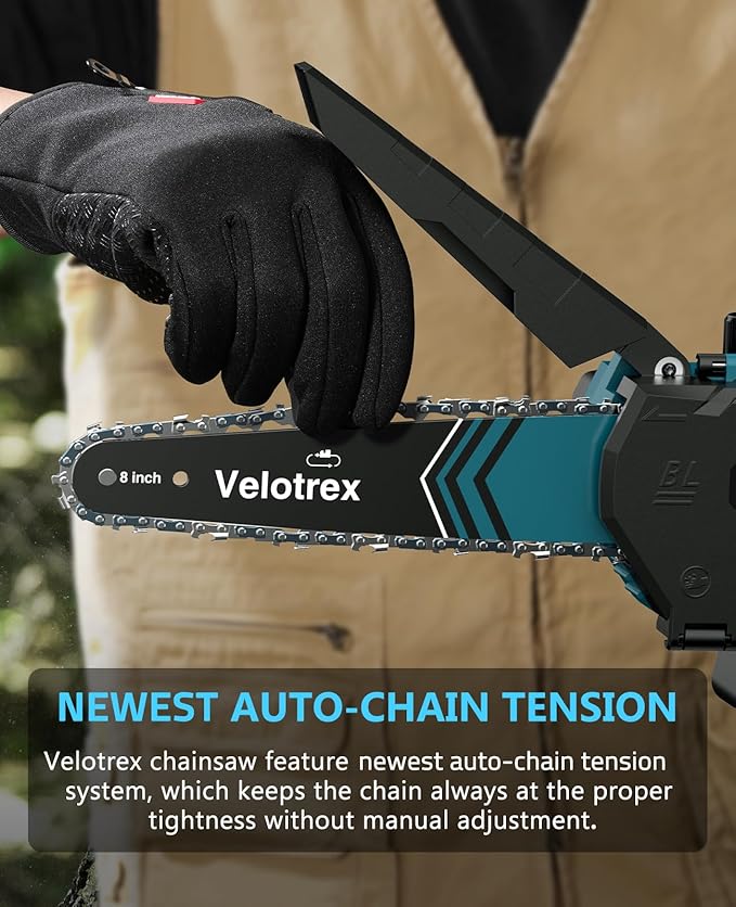 Professional Mini Chainsaw Cordless 8 inch + 6 inch, Electric Chainsaw Cordless with 2x4000mAh Batteries, Upgraded Brushless chainsaw with Auto Oiler for Tree Branch Wood Cutting Velotrex