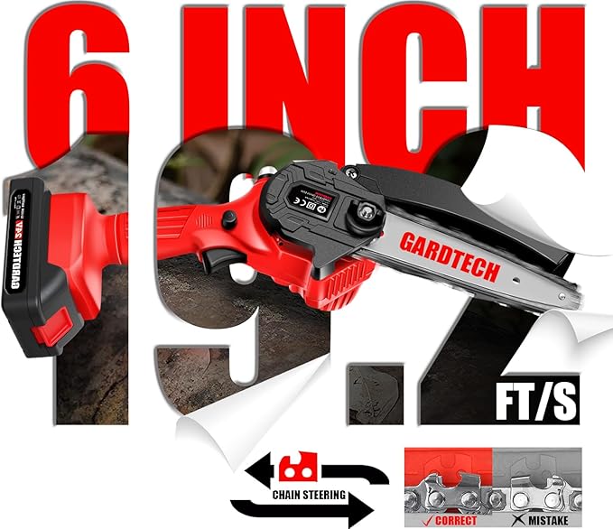 BEST Mini Chainsaw 6 Inch, Gardtech Cordless Portable Electric Chain Saw Handheld Electric Chainsaws with 2025 Upgraded 4 Chains 2 Batteries Good for Olders, DIYer, Gardeners Continuously 2 Hours Work GARDTECH