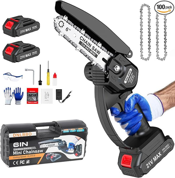 Mini Chainsaw Cordless, 6 inch Electric Chain Saw, Gardening Tool Saw for Wood/Tree Cutting, Garden & Household Use Stocking Stuffers Gift for Men Dad Husband(2 Batteries) Prime Home Tools