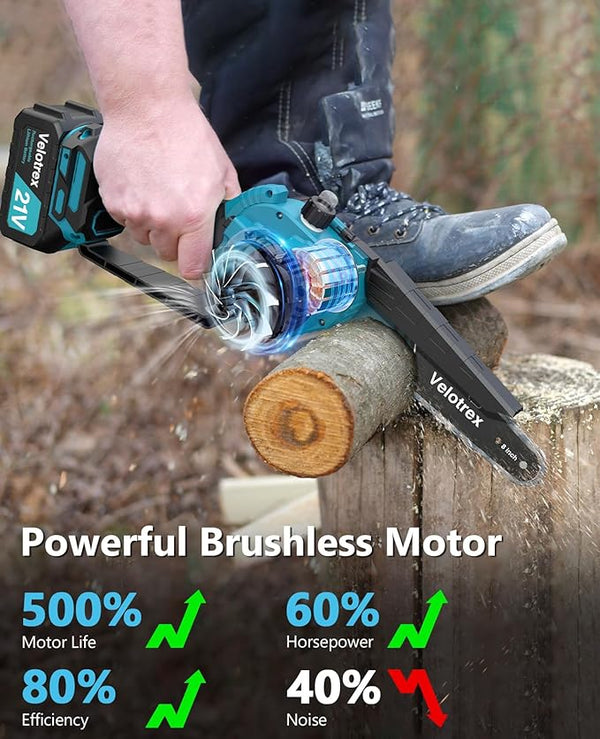 Professional Mini Chainsaw Cordless 8 inch + 6 inch, Electric Chainsaw Cordless with 2x4000mAh Batteries, Upgraded Brushless chainsaw with Auto Oiler for Tree Branch Wood Cutting Velotrex