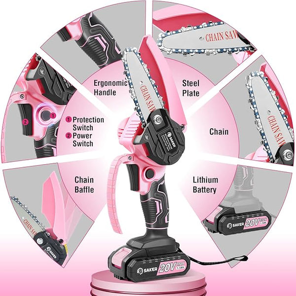 Saker Mini Chainsaw,Portable Electric Pink Mini Chainsaw Cordless,Handheld Chainsaw for Tree Branches,Courtyard, Household and Garden,By 2PCS 20V 1500mAh Batteries and 3 PCS Chains Saker