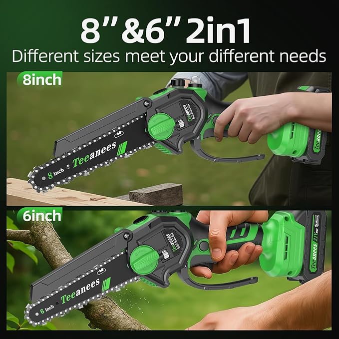 Mini Chainsaw Cordless, 8 Inch & 6 Inch Portable Electric Chain Saw with 2 Battery 8 Chains, Auto Oiler, Battery Powered Small Handheld Saw for Wood Cutting, Tree Trimming, Garden(Green) Yourfpv.net