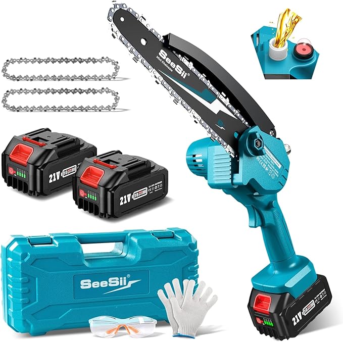 Seesii Mini Chainsaw 8-inch, Mini Chainsaw Cordless Tool Set, Battery Chainsaw with 2x 4.0Ah Batteries, Handheld Electric Power Chain Saw with Oiler, Safety Lock for Tree Trimming,Wood Cutting Seesii