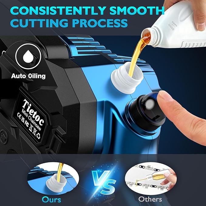 Tietoc Mini Chainsaw, 6 Inch Chain Saw Cordless, 880W Powerful Electric Handheld Chainsaw with Automatic Oiler, with 2 Batteries and 2 Chains, Tree Trimmer Gardening Tools Gift for Men, Father, Dad TIETOC