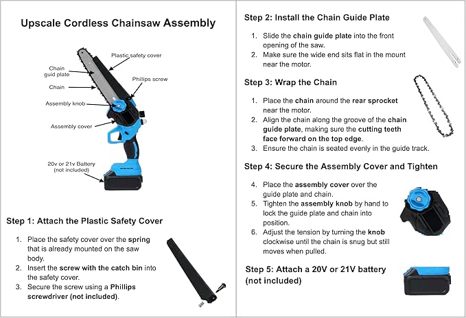 Upscale 8-Inch Cordless Mini Chainsaw – Brushless Motor, Lightweight 4 lbs, Safety Lock, 21V Power (Battery Not Included, Assembly Required) Upscale+Trail