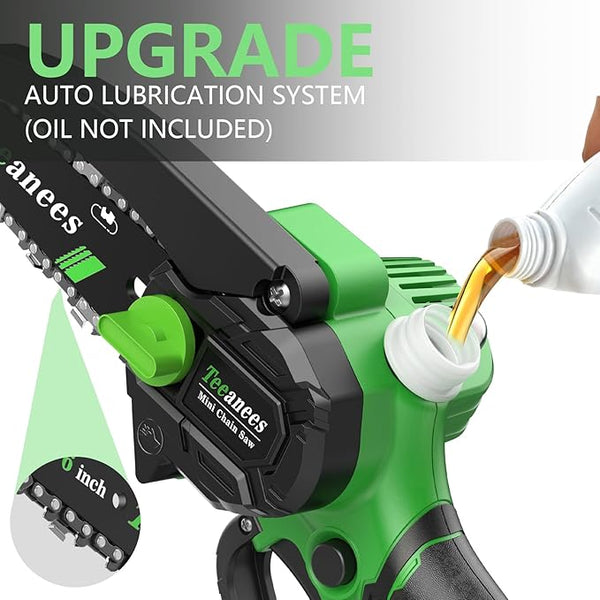 Mini Chainsaw Cordless 6 Inch, Electric Chainsaw Battery Powered with Auto Oiler, Security Lock for Wood Cutting, Tree Trimming, Garden & Household Use(2 Batteries) Yourfpv.net