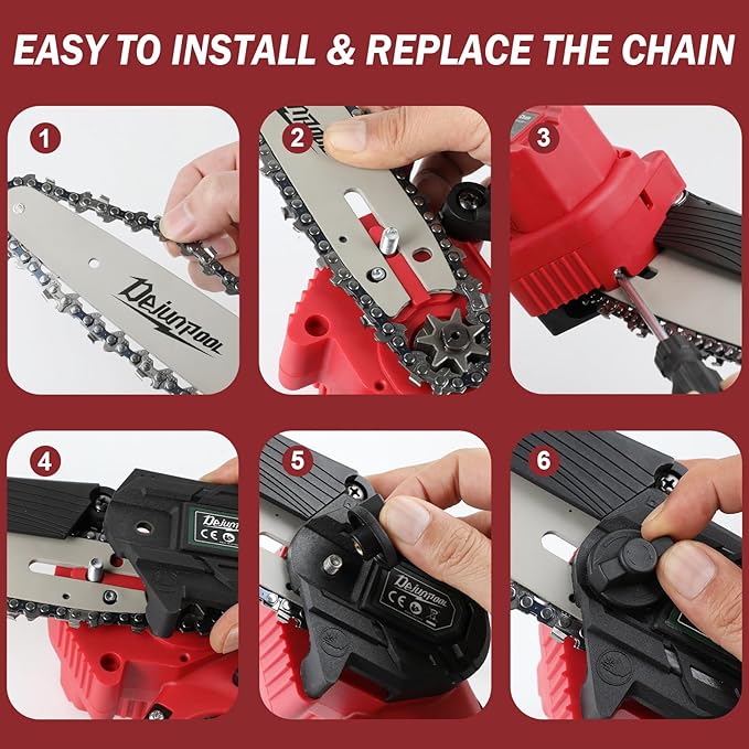 Mini Electric Chainsaw Cordless Brushless, 6 Inch Small Chainsaw Battery Powered, Handheld Chain Saw for Wood Tree Branches Pruning, 4 Chains, 2x 2500 mAh Battery, Garden Tools Christmas Gifts for Dad DEJUNPIOOL