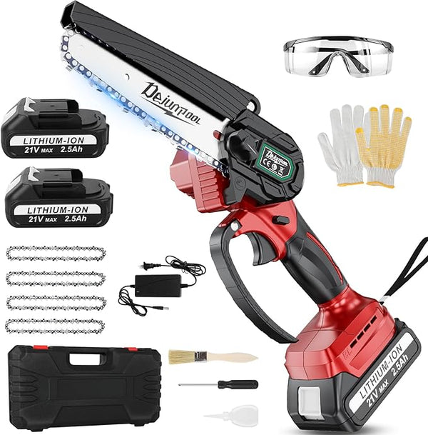 Mini Electric Chainsaw Cordless Brushless, 6 Inch Small Chainsaw Battery Powered, Handheld Chain Saw for Wood Tree Branches Pruning, 4 Chains, 2x 2500 mAh Battery, Garden Tools Christmas Gifts for Dad DEJUNPIOOL