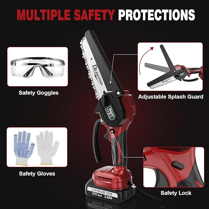 Mini Electric Chainsaw Cordless Brushless, 6 Inch Small Chainsaw Battery Powered, Handheld Chain Saw for Wood Tree Branches Pruning, 4 Chains, 2x 2500 mAh Battery, Garden Tools Christmas Gifts for Dad DEJUNPIOOL