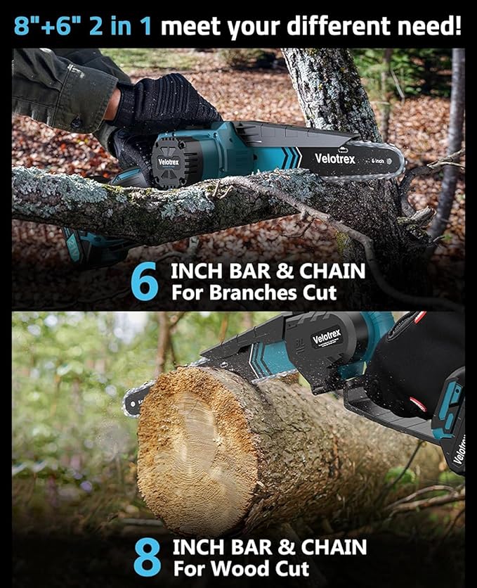 Professional Mini Chainsaw Cordless 8 inch + 6 inch, Electric Chainsaw Cordless with 2x4000mAh Batteries, Upgraded Brushless chainsaw with Auto Oiler for Tree Branch Wood Cutting Velotrex