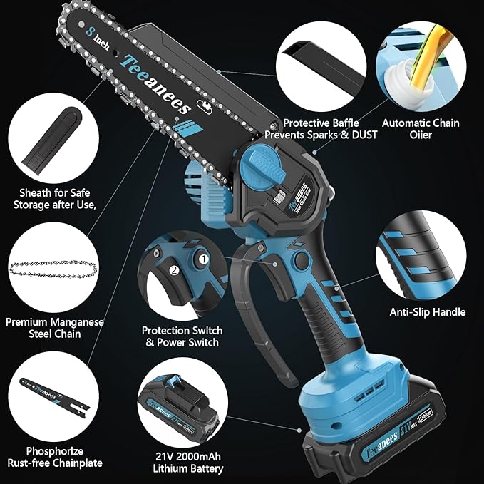 Mini Chainsaw Cordless, 8 Inch & 6 Inch Portable Electric Chain Saw with 2 Battery 8 Chains, Auto Oiler, Battery Powered Small Handheld Saw for Wood Cutting, Tree Trimming, Garden(Blue) Yourfpv.net