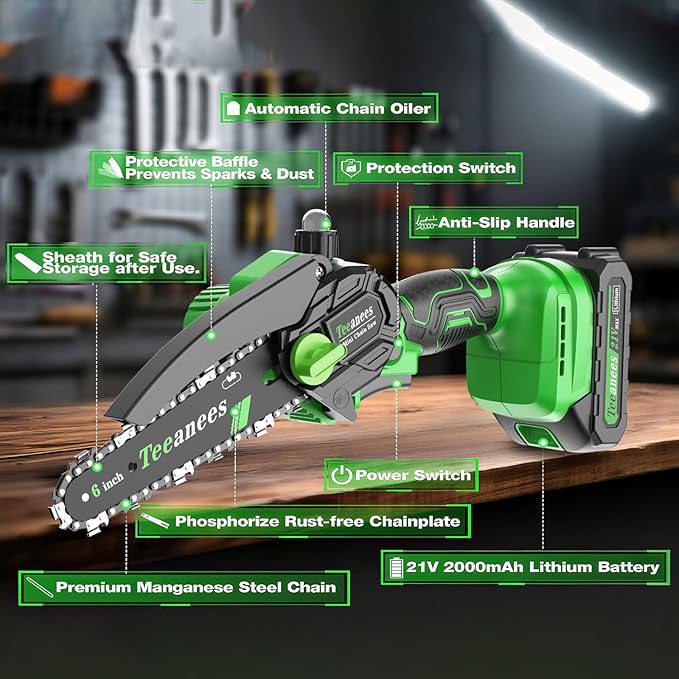 Mini Chainsaw Cordless 6 Inch, Electric Chainsaw Battery Powered with Auto Oiler, Security Lock for Wood Cutting, Tree Trimming, Garden & Household Use(1 Batterie) Yourfpv.net