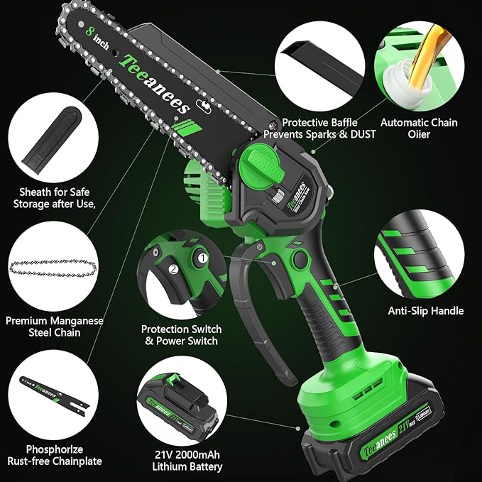 Mini Chainsaw Cordless, 8 Inch & 6 Inch Portable Electric Chain Saw with 2 Battery 8 Chains, Auto Oiler, Battery Powered Small Handheld Saw for Wood Cutting, Tree Trimming, Garden(Green) Yourfpv.net