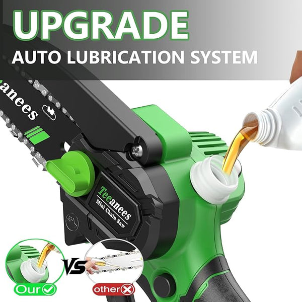Mini Chainsaw Cordless 6 Inch, Electric Chainsaw Battery Powered with Auto Oiler, Security Lock for Wood Cutting, Tree Trimming, Garden & Household Use(1 Batterie) Yourfpv.net